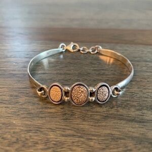 Sterling Silver Articulated Bracelet Signed 925 VJA Vintage Gold Tone Textured